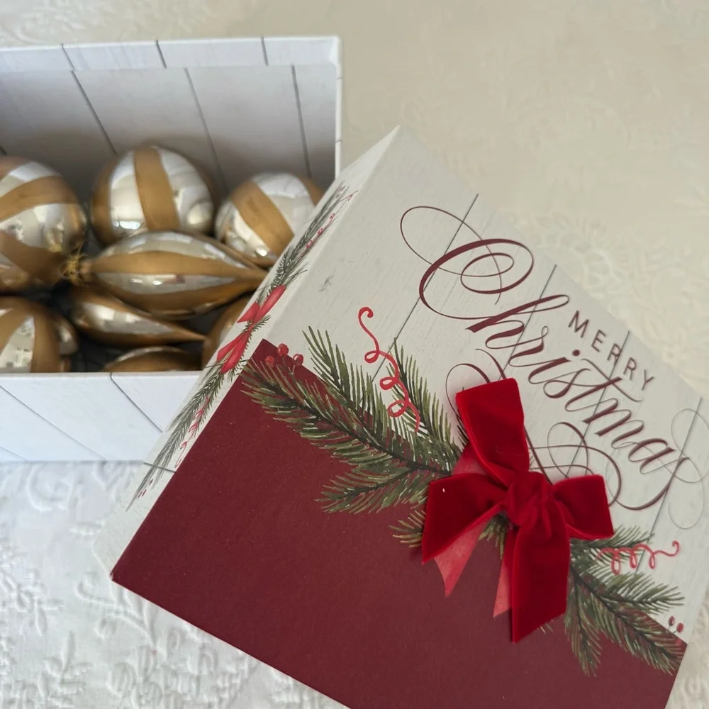 Vintage 8 Gold and Silver Glass Christmas Ornaments. Box included.